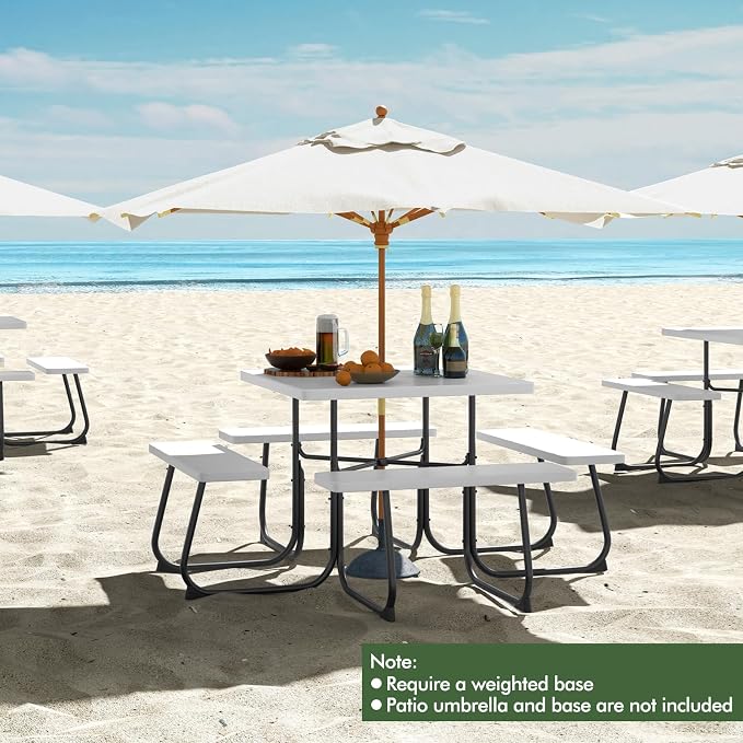 HAPPYGRILL 4-8 Person Square Picnic Table Bench Set with Umbrella Hole, Outdoor Camping Table with HDPE Material and Sturdy Metal Frame for Patio, Garden and Backyard, White
