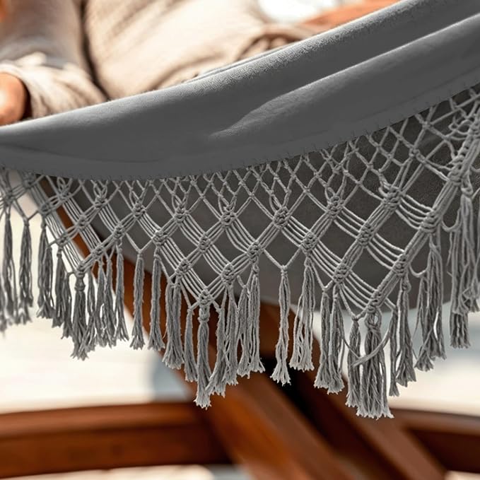 Lazy Daze Hammocks 2 Person Cotton Fabric Hammock with Spreader Bars and 10.5 FT Wood Arc Hammock Stand, Double Hammock with Wood Stand, for Outdoor, Indoor, Patio, Backyard, Dark Gray