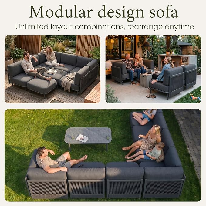 LayinSun 7 Pieces Patio Furniture Set with Fire Pit Table, Modern Outdoor Modular Sectional Conversation Set L-Shaped Sofa with 7-inch Cushion for Garden Backyard Deck