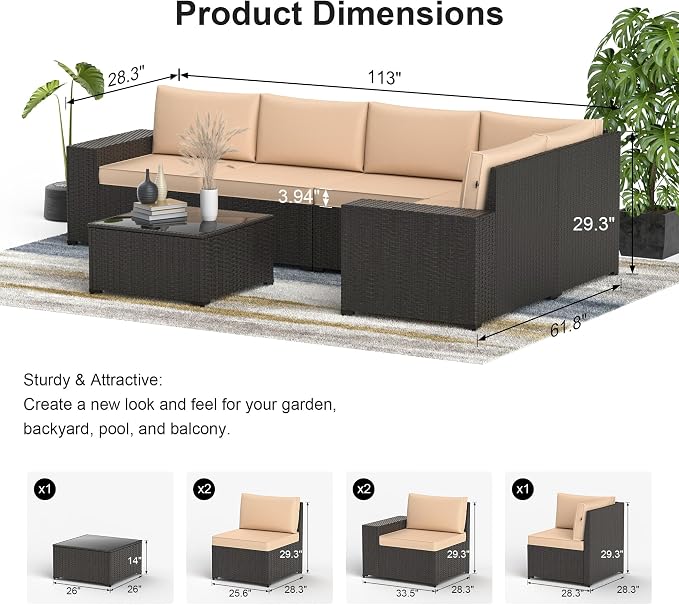 Patio Furniture Set with Fire Pit Table, 7PCS Outdoor Conversation Sets Waterproof Rattan Sectional Sofa with 4” Thickened Cushion Modular Wicker Patio Furniture Set with Glass Top Table (Kahki)