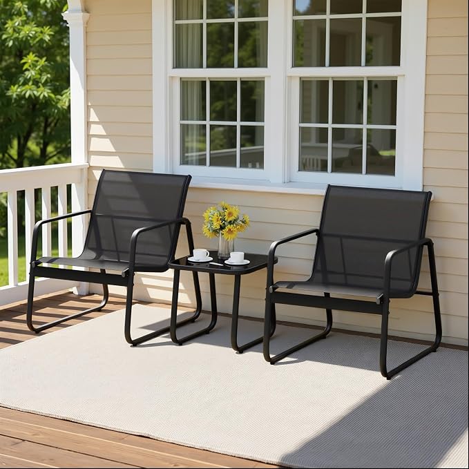 Gizoon Patio Chairs Set of 2, Patio Bistro Set 3PCS, Outdoor Patio Furniture Set with Rust-Resistant Metal Frame, 330LBS Capacity，for Balcony/Lawn/Patio/Pool, RCS Certified Recycled Material, Black