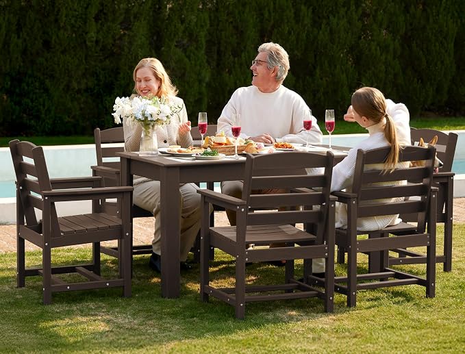 SERWALL 59" HDPE Patio Dining Set for 6, w/ 1 Table & 6 Armchairs, Coffee | All Weather Resistant HDPE Dining Sets for Patio, Garden, Backyard