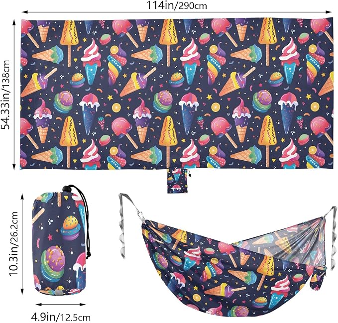 Camping Hammock Outdoor Hammocks for Outside Colorful Ice-Cream Beach Trees Portable Lightweight with Pockets Tree Straps Indoor
