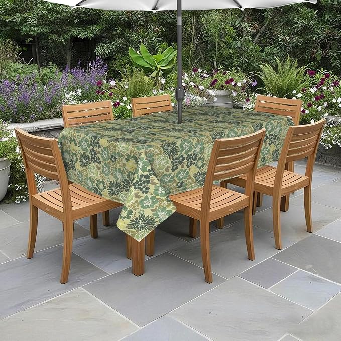 DYTXIII Outdoor Rectangle Tablecloth with Umbrella Hole and Zipper 84" x 60", Water Repellent Floral Picnic Cover, Fade & Wrinkle Resistant Tablecloth for Patio/Garden/Party Table, Green Rose