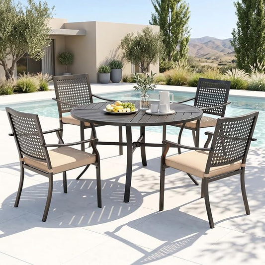 PHI VILLA Outdoor Dining Set for 4, 42" Round Metal Table w/Umbrella Hole | 5 pcs black wrought iron furniture set w/ cushions. All weather for patio, deck, yard, porch