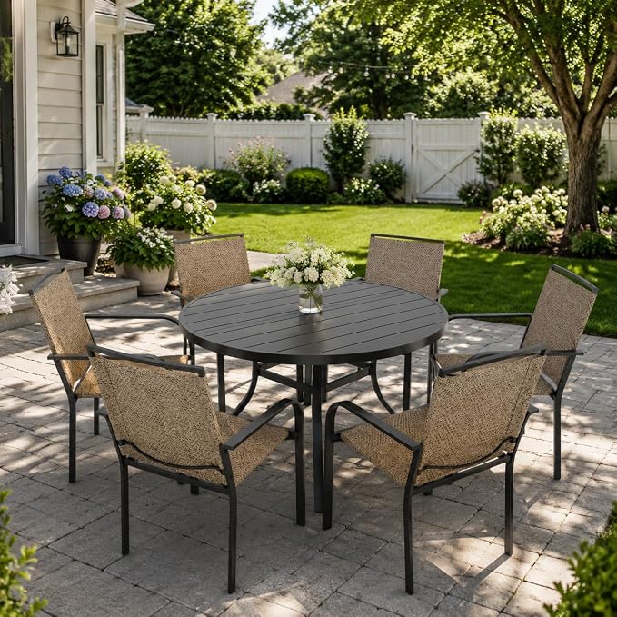 Anmutig Round Outdoor Dining Table, 48 Inch All-Weather Patio Table with Adjustable Umbrella Hole for Deck Lawn Garden Backyard Balcony Deck, Black Metal Frame Slatted Tabletop