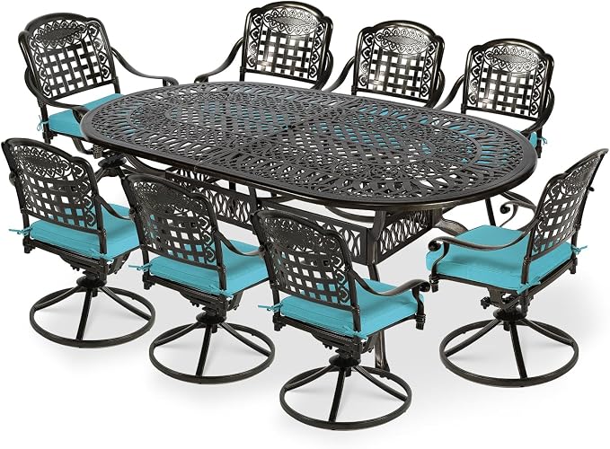 VIVIJASON 9-Piece Outdoor Patio Furniture Dining Set, All-Weather Cast Aluminum Conversation Set, Include 8 Swivel Dining Chairs and an Oval Table with Umbrella Hole, Ocean Blue Cushion