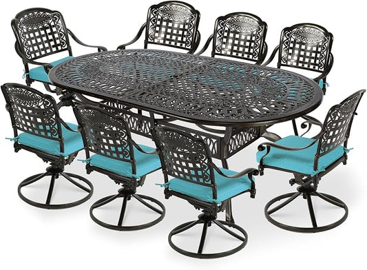 VIVIJASON 9-Piece Outdoor Patio Furniture Dining Set, All-Weather Cast Aluminum Conversation Set, Include 8 Swivel Dining Chairs and an Oval Table with Umbrella Hole, Ocean Blue Cushion