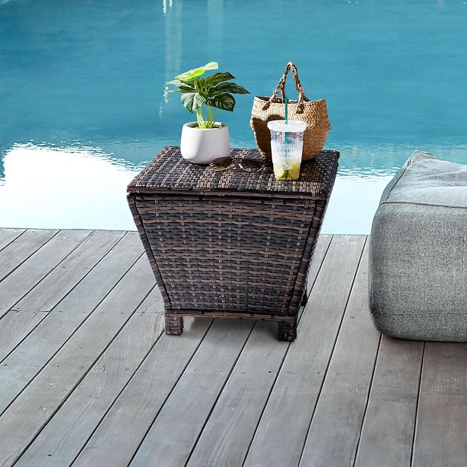 HOMSUPPLIE'S 13 Gallon Outdoor Side Table with Storage Space, Waterproof Wicker Patio Deck Box, Rattan End Table with Hidden Storage for Pool Towels, Toys & Garden Tools(Brown,Trapezoid)