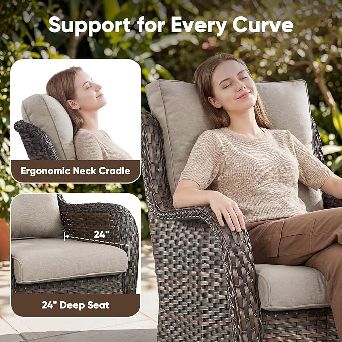 Belord Patio Furniture Set with Fire Pit Table,8 Piece Wicker Outdoor Furniture Set, Swivel Rocker Chairs with Ottomans and Loveseat, All Weather Patio Conversation Set, Pool,Yard, Brown Wicker/Beige