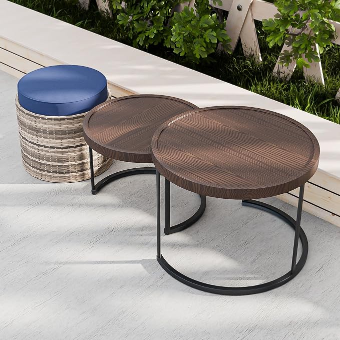 Cabana Chic Nesting Tables with Ottomans, Outdoor Round Side Table, Nesting Coffee Table Set, 2 Tables 1 Ottoman, Brown/Blue