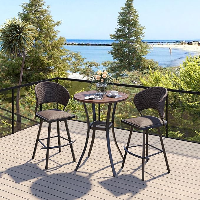 VICLLAX 28" Round Outdoor Bar Table, Counter Height Patio Table with Adjustable Umbrella Hole for Balcony, Walnut Wood-Like