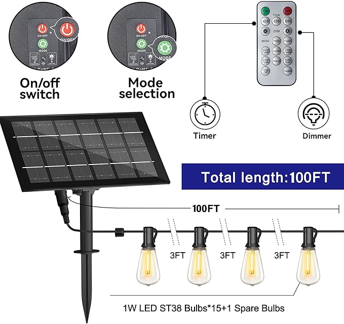 Stright 100FT Solar String Lights Remote Weatherproof ST38 LED Backyard | Remote Control, 8 Light Modes, Weatherproof Shatterproof ST38 LED Bulb, For Backyard Porch Cafe, Large Solar Panel