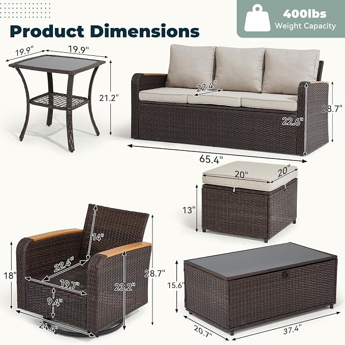7 Pieces Outdoor Furniture Set with Swivel Chairs, Wicker Patio Furniture for Porch Deck Bistro Lawn Garden Backyard Poolside-Khaki
