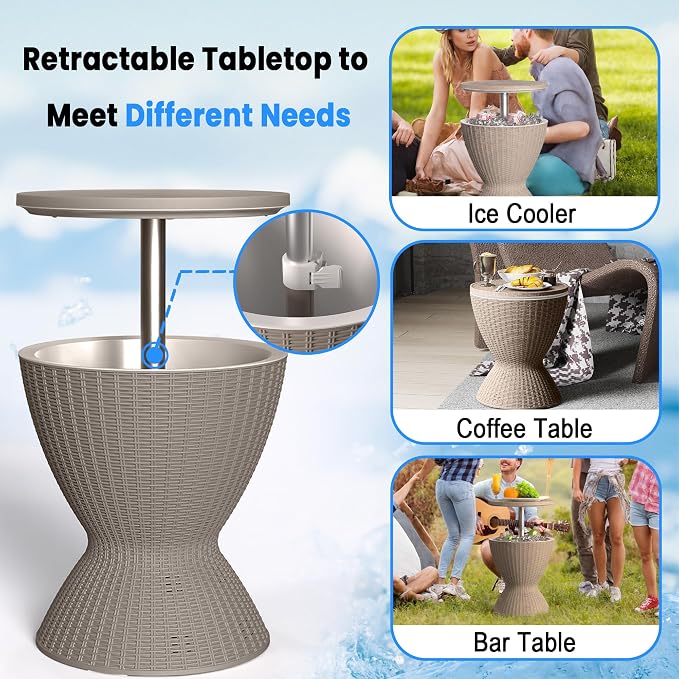 Outdoor Cooler Table – Adjustable Height with Built-in Ice Cooler Side Table, Resin Cool Bar for Patio, Party, Pool, Garden (Gray)