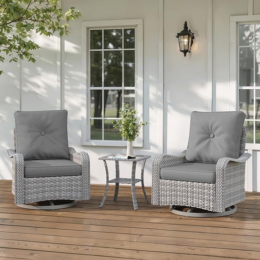 3-Piece Patio Furniture Set, Outdoor Swivel Rocking Chairs with 4" Thick Cushions & Side Table, All-Weather PE Rattan & Rust-Resistant Steel Frame Conversation Set for Porch, Garden, Backyard, Grey