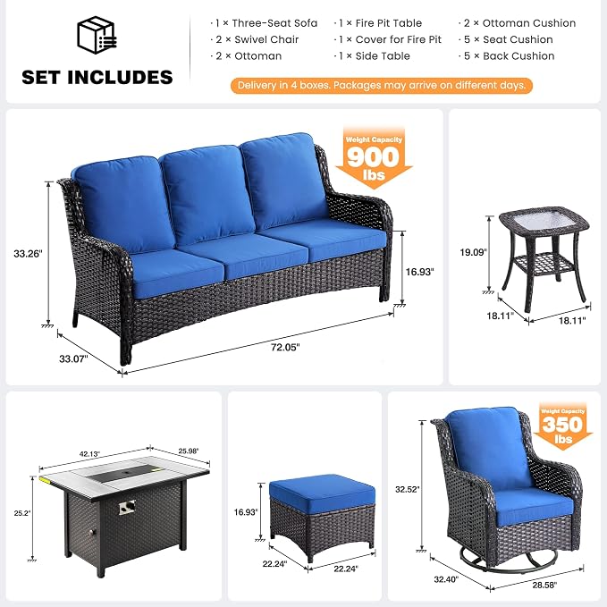 ovios 7-Piece Patio Furniture Set with Swivel Chairs Side Table, Outdoor Wicker Sofa with 42" Fire Pit Table, High Back Couch Modern Conversation Sets, Brown/Navy Blue