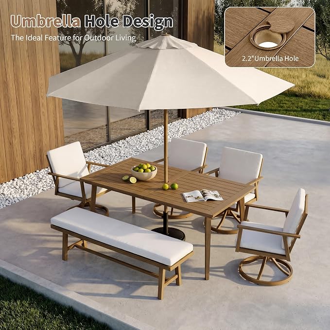 6-Piece Outdoor Table Set with Swivel Chairs & Bench, 6-Person Outdoor Rectangular Dining Table with Umbrella Hole, Faux Wood Grain Patio Table Set with Chairs for Garden Backyard Proch, Teak