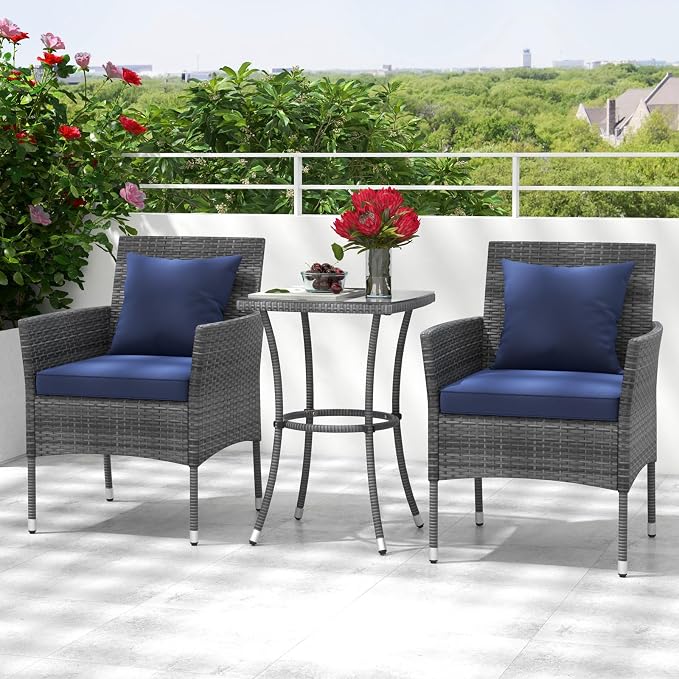 Tangkula 3-Piece Patio Furniture Set, PE Wicker Conversation Bistro Set w/A Tempered Glass Table & 2 Cushioned Chairs, Outdoor Table & Chairs Set for Patio Porch Yard Garden (Mix Gray+Navy)