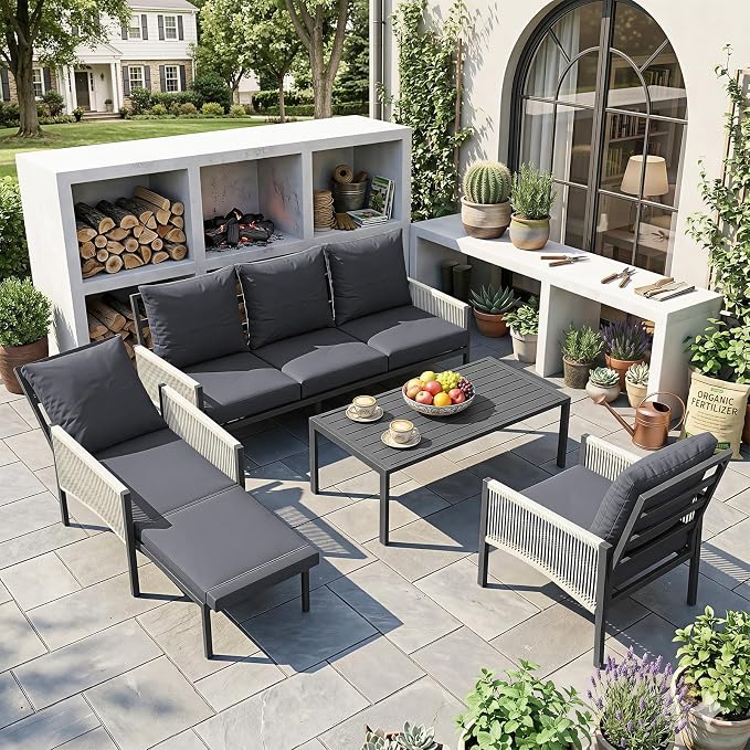 AECOJOY Aluminum Patio Furniture Set 5 Seats Outdoor Sectional Sofa Couch with Coffee Central Table Patio Conversation Sets for Porch Deck, Dark Grey