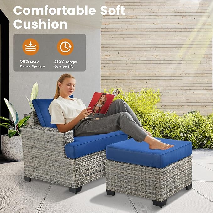 CAODOC Patio Furniture Sets 7 Pieces Outdoor Sectional Rattan Sofa Manual Weaving Wicker Patio Conversation Set with Ottomans and T Cushion(Blue)