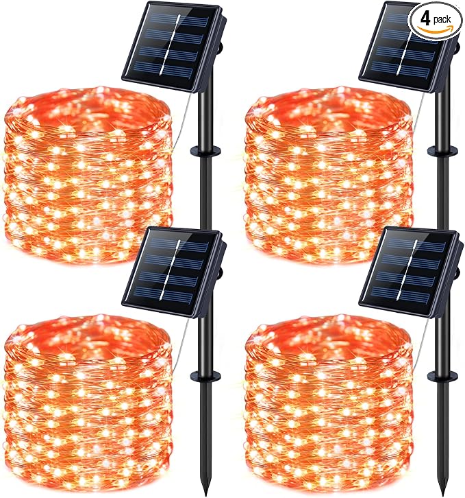 JMEXSUSS 4 Pack Solar Halloween Lights, 33FT 100 LED Orange Fairy Lights | Outdoor Waterproof, 8 Modes Copper Wire Solar String Lights for Outside Garden Yard Patio Tree Halloween Decoratios