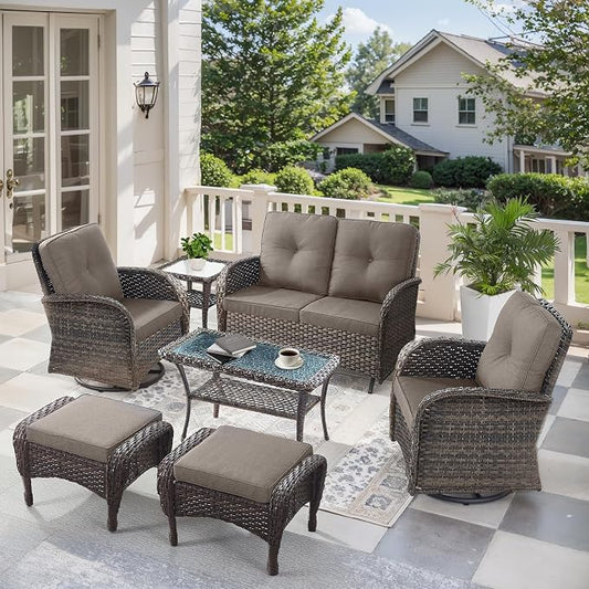 7 Pieces Patio Furniture-Patio Swivel Chairs Set of 2 Outdoor Glider Bench Rocking Chair with Patio Ottomans Patio Conversation Sets for Deck Porch Garden Balcony Poolside-Brown/Grey