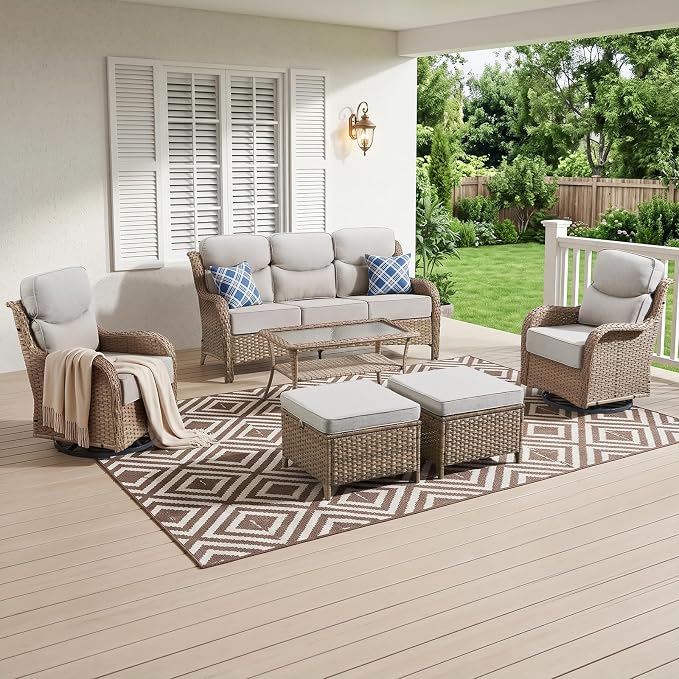 Luxury High Back Outdoor Furniture with 6-Inch Thick Cushions, Patio Furniture Set with Swivel Chairs, 6 PCS Wicker Conversation Set for Porch, Balcony, Deck and Yard