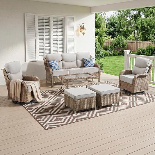 Luxury High Back Outdoor Furniture with 6-Inch Thick Cushions, Patio Furniture Set with Swivel Chairs, 6 PCS Wicker Conversation Set for Porch, Balcony, Deck and Yard