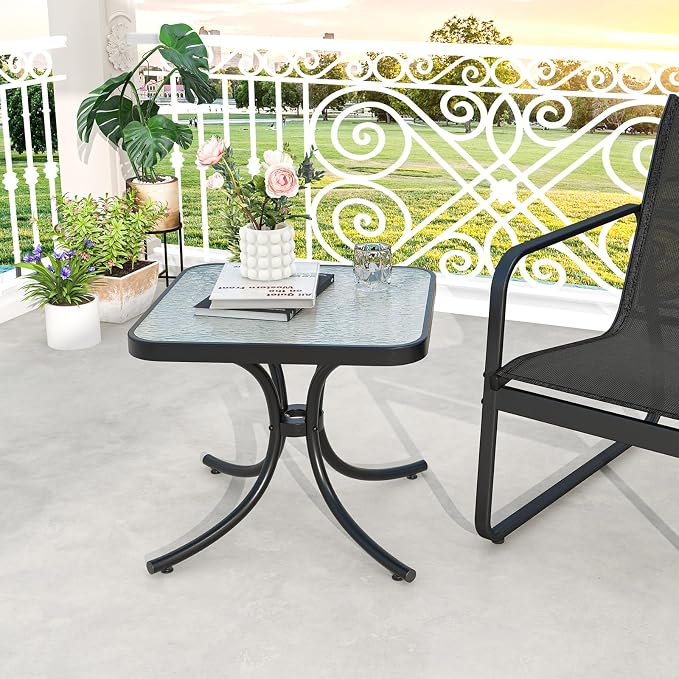 Tangkula Outdoor Side Table, 20 Inches Square End Table with Tempered Glass Top, Metal Frame, Small Patio Table for Garden, Backyard, Balcony, Poolside, Porch (2)