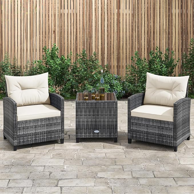 KOTEK 3 Piece Patio Furniture Set, Outdoor PE Rattan Conversation Set with Washable Cushions & Tempered Glass Tabletop, Wicker Chairs and Table Set for Porch, Garden, Balcony (White)