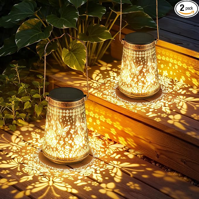 2 Pack Solar Lanterns Outdoor Waterproof, Birthday Gifts for Women Mom | Hollow-Out Metal Butterflies Lantern, 2 Lighting Modes, Outside Hanging Solar Lights for Christmas Decorations, Garden Decor