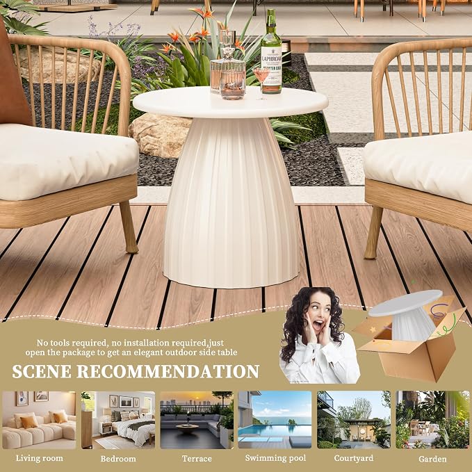Round Small Patio Side Table, Metal Steel Outdoor Side Table, Patio Accent End Table for Garden, Pool, Deck, Balcony, Yard, Living Room, White, Weather Resistant, No Assembly