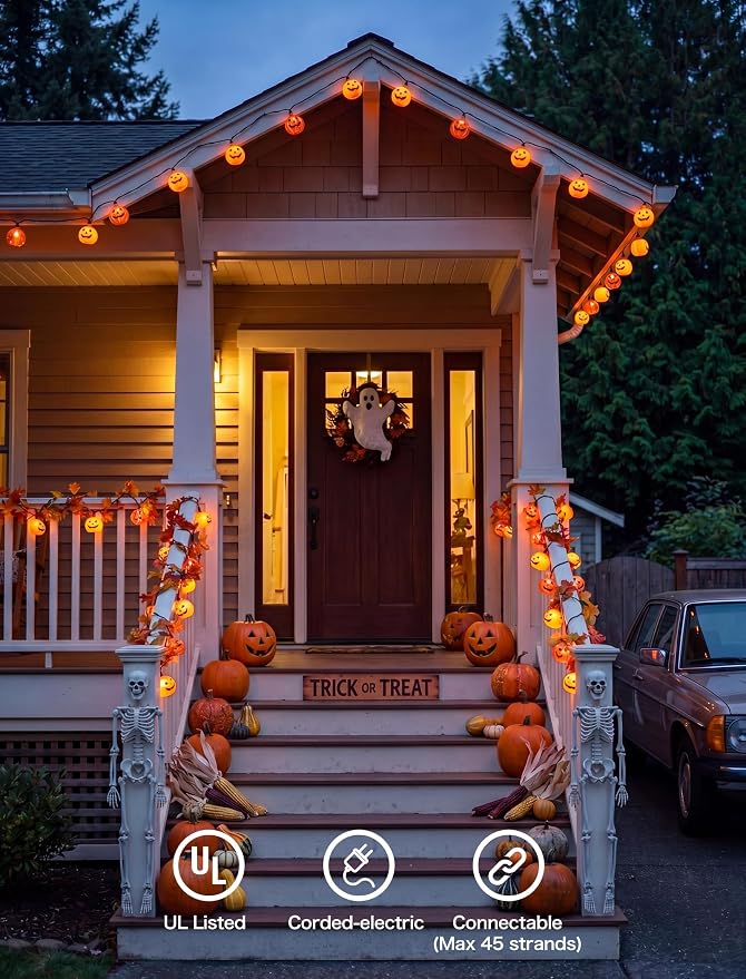 Halloween Decorations Pumpkin String Lights - 20 LED 12 FT 3D Cute Waterproof Light up Orange Jack-O-Lantern Plug-in Lights, Waterproof for Home Yard Party Indoor Outdoor Decor, Connectable