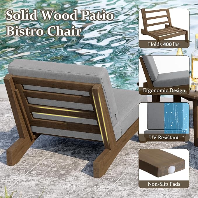 Pia Ricoo Patio Chairs Set of 2, Heavy Duty Wood Patio Furniture Set with Thick Cushions, Bistro Set All-Weather Outdoor Chairs for Balcony, Deck, Poolside, Porch - Gray