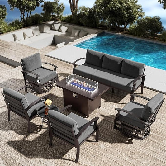 Patio Furniture Set 7-Piece Aluminum Armrest Sofa, Modern Outdoor Living Room Set with 55000 BTU Propane Aluminum Fireplace, Outdoor Rotary Joystick with Thick Cushion