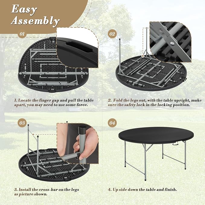 Athena Collection 5.5ft Folding Table, Portable Plastic Round Foldable Card Table, Indoor Outdoor Collapsible Craft Desk Dining with Lock & Handle for Commercial Party Camping, Black