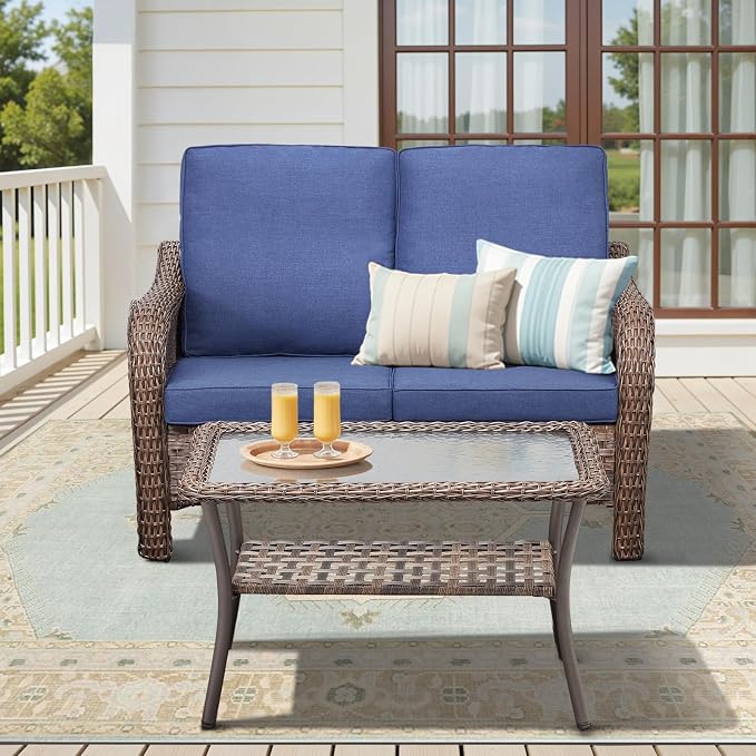 2 PCS Patio Furniture Set, Outdoor Wicker Loveseat Sofa with Coffee Table, 4-Inch Thick Olefin Cushions & Curved Armrests, 300 lbs Capacity Rattan Porch Furniture for Garden, Backyard, Blue