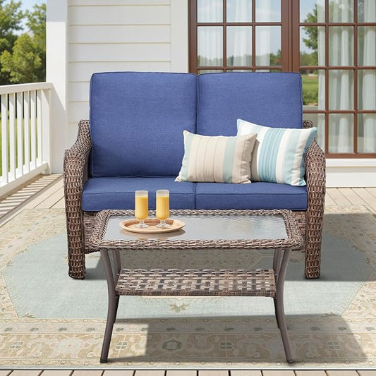 2 PCS Patio Furniture Set, Outdoor Wicker Loveseat Sofa with Coffee Table, 4-Inch Thick Olefin Cushions & Curved Armrests, 300 lbs Capacity Rattan Porch Furniture for Garden, Backyard, Blue
