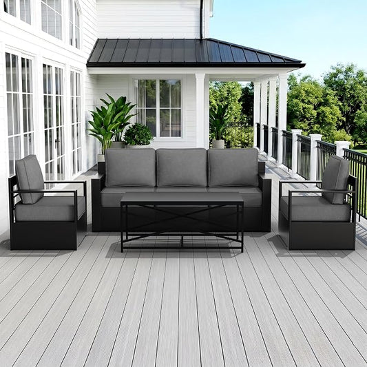 Outdoor Patio Furniture Set, 4-Piece Aluminum Patio Conversation Set All-Weather Metal Outdoor Sectional with 6 Inch Thick Cushions, Deep Setting for Garden, Outside and Porch, Grey