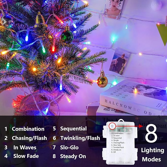 2 Pack 200 LED Battery Operated String Lights, Twinkle Lights Multicolor | 66FT 8 Modes Christmas Fairy Lights Indoor Outdoor, Waterproof Battery Lights for Bedroom Party Porch Tree Holiday Decor