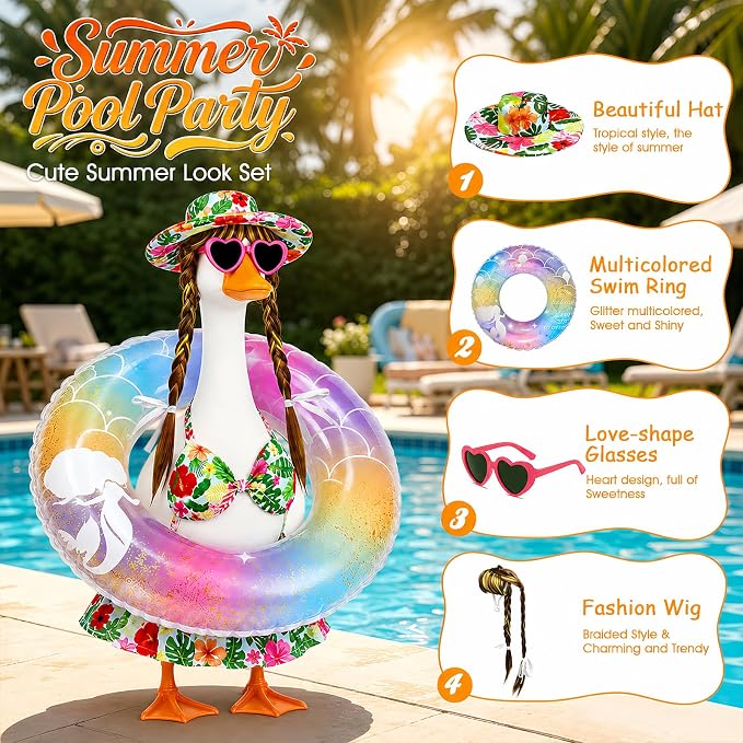 Hawaiian Porch Goose Bikini Outfits, Summer Goose Swimsuit Clothes Fits 23" Goose Statue with Cute Hat, Goose Wigs, Sunglasses & Swimming Ring for Outdoor Patio Yard Decoration