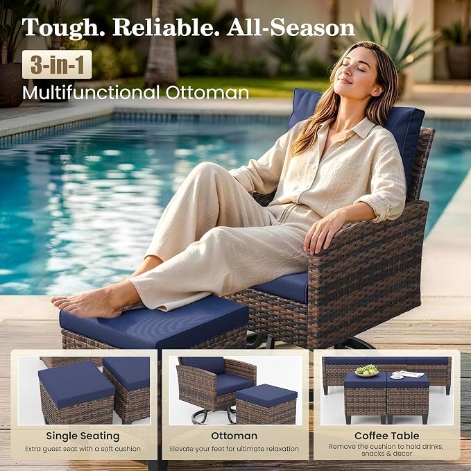 Amopatio Patio Furniture Set with Fire Pit Table,7 Pieces Conversation Set with 360°Swivel Chairs, All Weather Wicker Outdoor Furniture for Backyard Garden Pool Deck,Blue