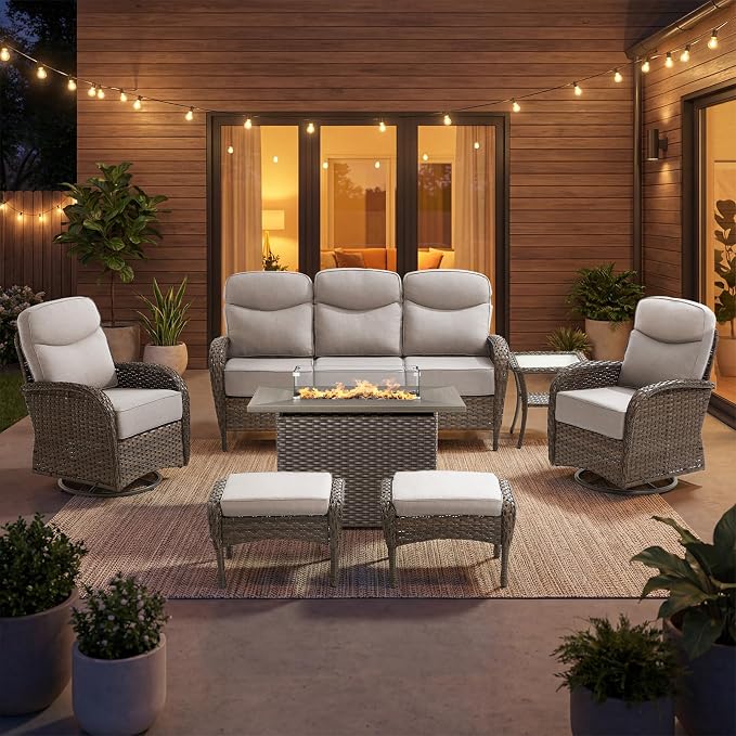 High Back Luxury Patio Furniture Set with Fire Pit Table, 6-Inch Cushion Swivel Rocker Patio Chairs with Outdoor Couch, 7 Piece Wicker Conversation Set for Deck Yard Garden Balcony Beige