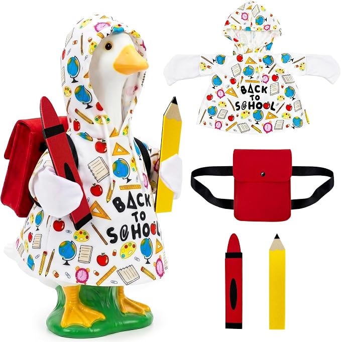 Back to School Porch Goose Outfits, Summer 23 inch Geese Statue Clothes, 4 Pcs Accessories Hoodie Backpack Pencil Crayon, School Gifts Party Garden Outdoor Yard Lawn Patio Decor