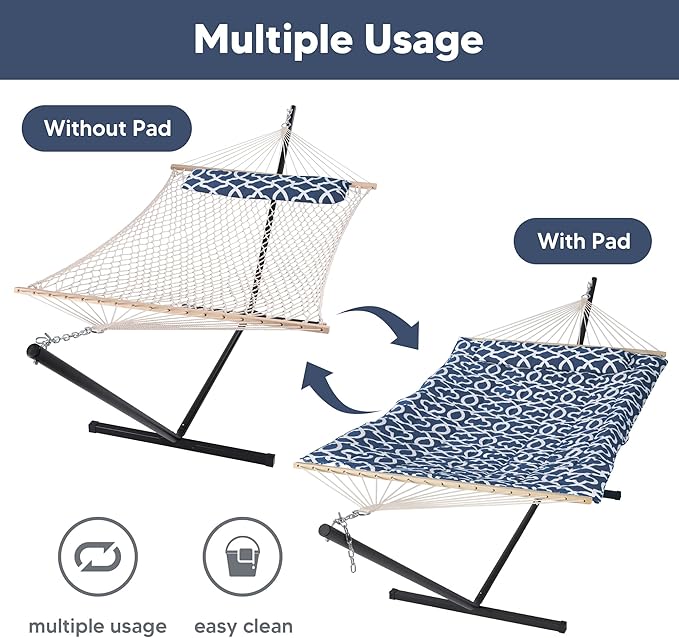 SUNCREAT Hammocks Freestanding 2 Person Hammock with Soft Pillow, Portable Stand, 57 Inch Extra Large Hammock Bag with Zipper, Black