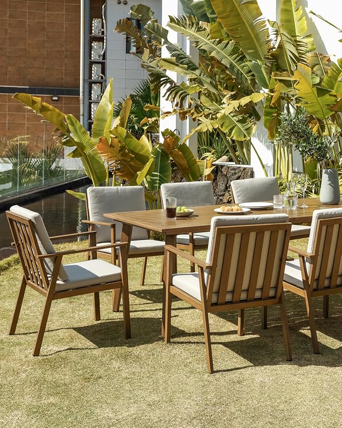 7 Pieces Patio Dining Set for 6, Never-Rust Aluminum Outdoor Table and Chair Set, Outdoor Dining Set with Cushions, Outdoor Patio Table Sets with Umbrella Hole for Deck Garden Pool, Teak