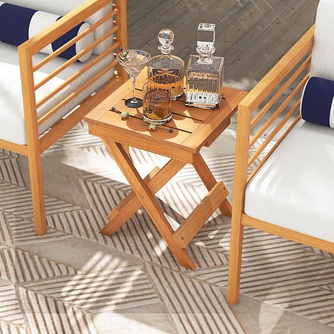 Tangkula Outdoor Folding Side Table, Wood Patio Bistro Table with Slatted Tabletop & X-Shaped Legs, Portable Square Coffee Table for Garden, Poolside, Camping, Picnic, 14" x 14" x 18" (1, 14 inches)
