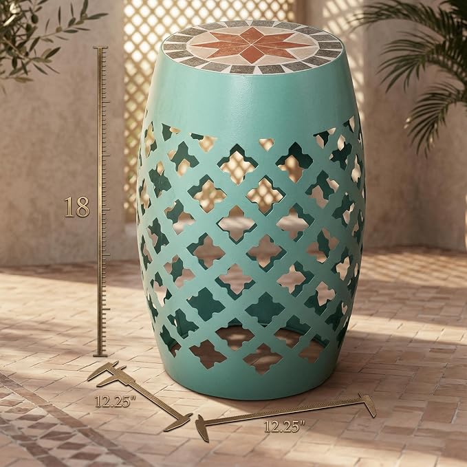 Light Turquoise 18" Patio Round Side Table, Ceramic Mosaic Tile Top Garden Stool with Decorative Lattice Design, Metal Outdoor End Table for Balcony, Porch, Yard, Plant Stand, 175lbs Capacity