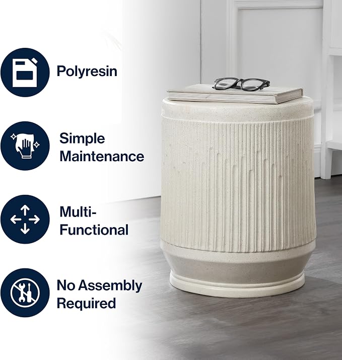 JONATHAN Y Kline Ribbed Resin Modern Outdoor Accent Table, 17.5" H All-Weather Cream Terrazzo Patio Drum Side Table and Garden Stool for Pool, Porch, and Living Room TBL1103A
